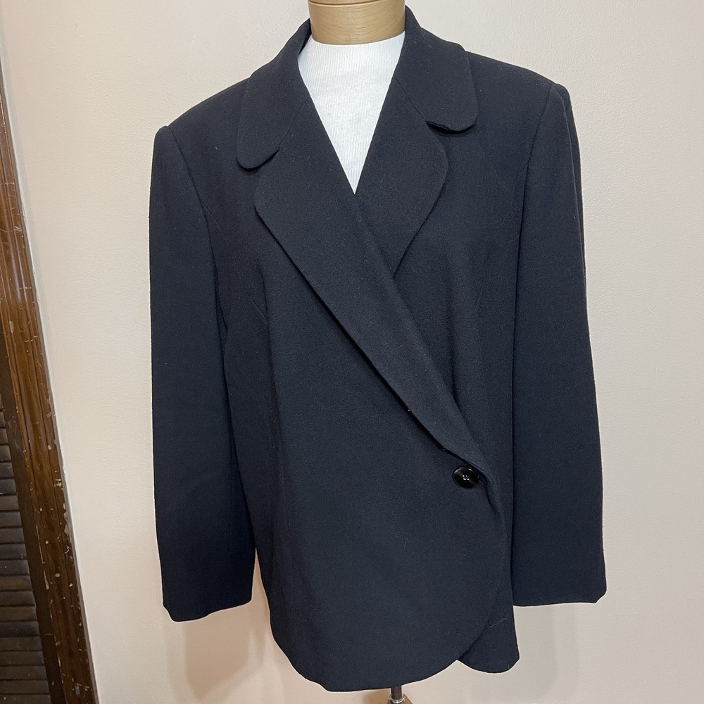 Talbots Woman Black 100% Wool Asymmetric Single Button Blazer Plus Size 16W